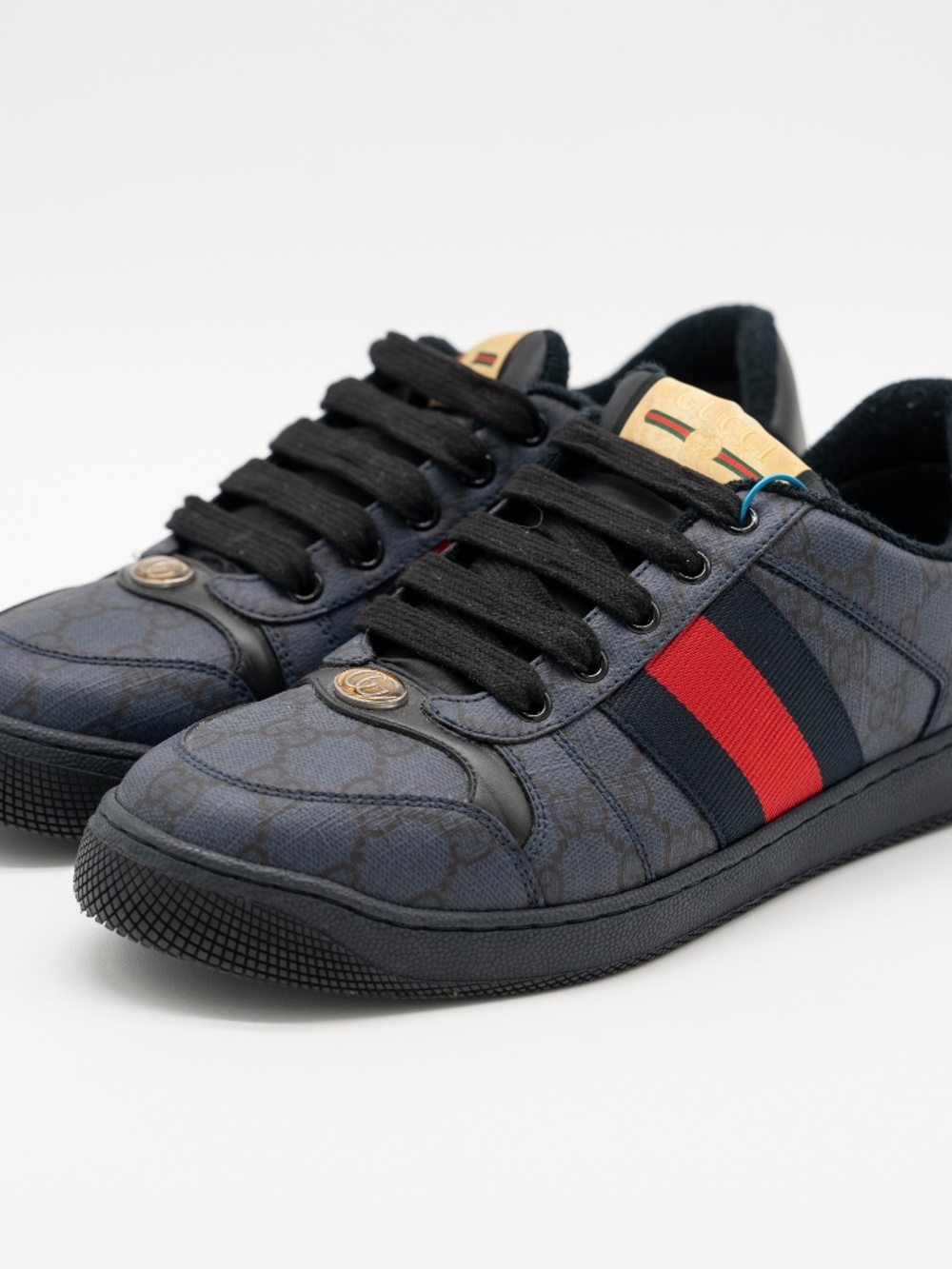 Gucci Men's Sneakers Screener Leather Navy Blue GG Supreme Web size 6.5G 7 US